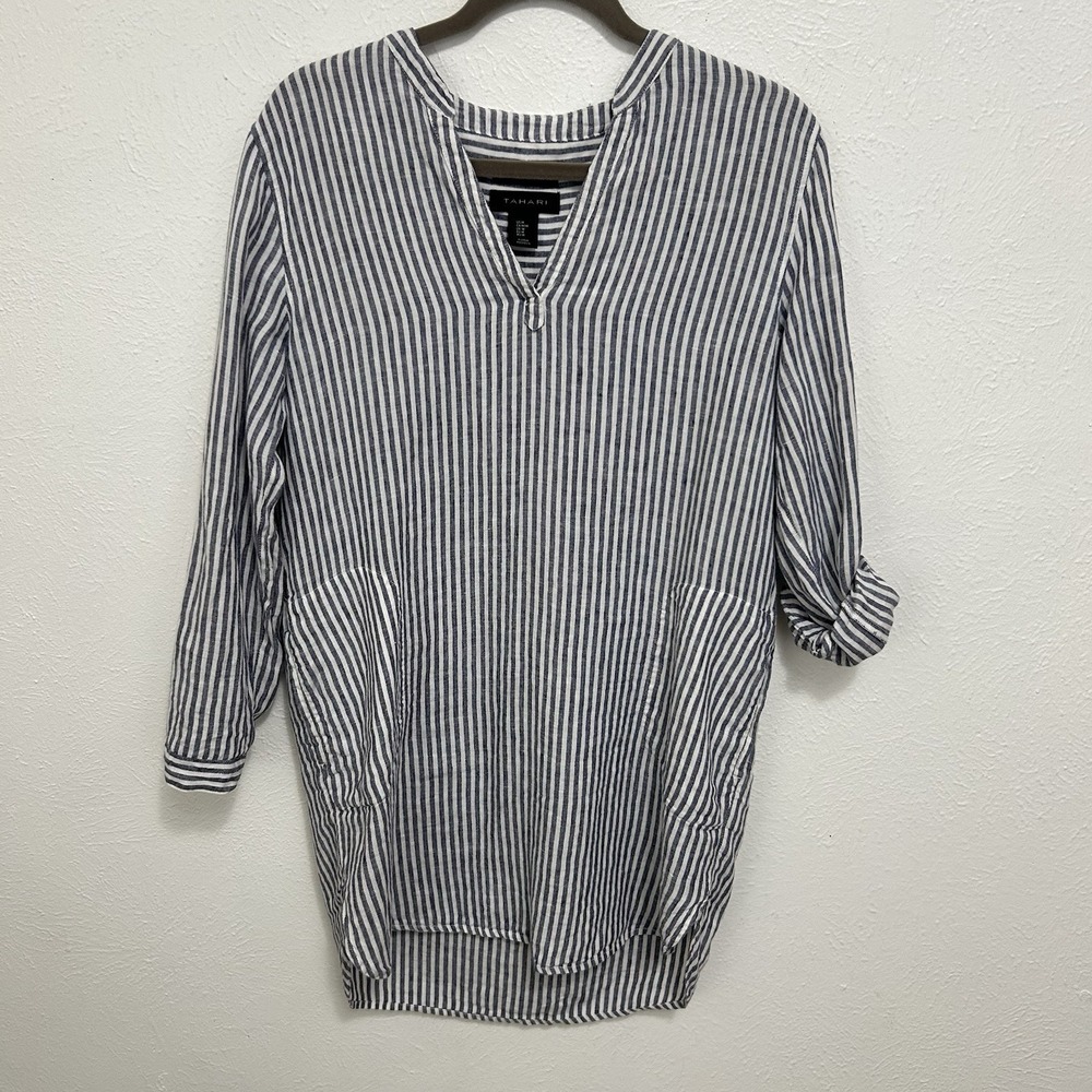 Tahari Linen Tunic Shirt Dress Sz M Blue Striped Beach Vacay Parisian Chic Boho
